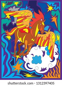Pegasus fly in the sky between stars and clouds