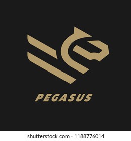 Pegasus, flying horse linear logo on a dark background.