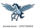 Pegasus Flying Horse. Majestic Pegasus Cartoon Vector Logo Mascot Design Illustration