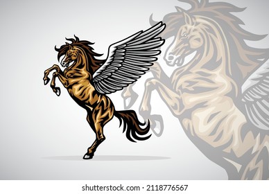 Pegasus Flying Horse Rearing Cartoon Vector Logo Mascot Design Illustration