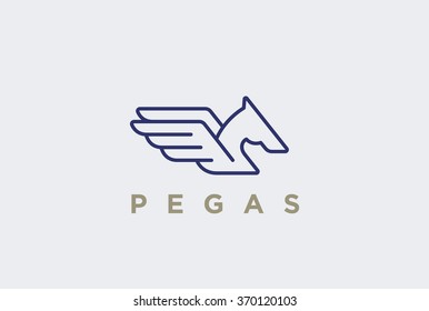Pegasus Flying Horse Wings Logo design vector template Linear style.
Outline Mustang Freedom Luxury Logotype concept. Equestrian line-art icon.