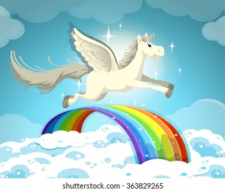 Pegasus flying over the rainbow illustration