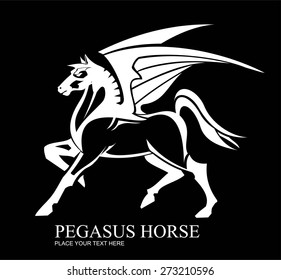 Pegasus. Full body of standing Pegasus. Elegant White Pegasus isolated on black background. 