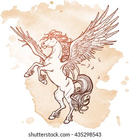 Pegasus greek mythological creature. Legendary beast concept drawing. Heraldry figure. Vintage tattoo design. Sketch on a grunge background. EPS10 vector illustration.