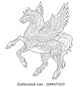 Pegasus - Greek mythological winged horse flying. Coloring page. Coloring book. Antistress freehand sketch drawing with doodle and zentangle elements.