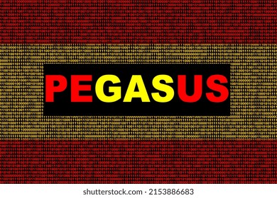 Pegasus. hacker. Computer system that hacks computers and mobile phones from anywhere. Design with the flag of Spain formed with the binary system of 0 and 1. Horizontal illustration.