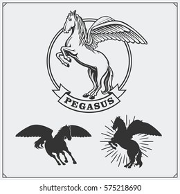 Pegasus heraldry coat of arms. Labels, emblems and design elements for sport club.