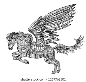 
Pegasus. A horse with big wings. Dudling coloring, anti-stress, mandala. Freehand drawing. Fantastic animals, a fairy tale.