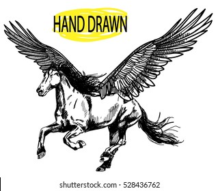 Pegasus. A horse with big wings runs. Drawn by hand.