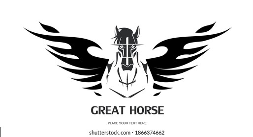 Pegasus Horse in black and white. suitable for team identity, sport club mascot, insignia, embellishment, emblem, illustration for apparel, mascot, equestrian club, motorcycle community, etc