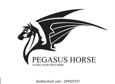 Pegasus Horse Head, in black and white. suitable for team identity, sport club mascot, insignia, embellishment, emblem, illustration for apparel, mascot, equestrian club, motorcycle community, etc