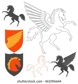 Pegasus And Horse Illustration For Heraldry Or Tattoo Design Isolated On White Background. Heraldic Symbols And Elements