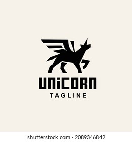 Pegasus horse spread wings, mythological animal with silhouette. vintage retro logo design