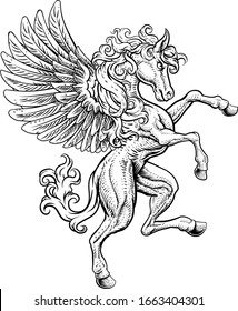 Caballo Pegasus con alas de la mitología griega que crece desenfrenadamente en sus patas traseras con un escudo de armas de corte de madera 