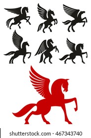 Pegasus horses silhouettes of prancing and rearing up winged horses with raised and folded wings. Heraldic theme or t-shirt print design