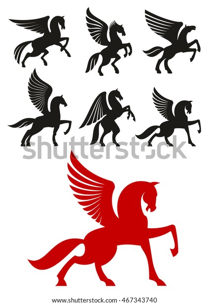ペガサスの馬は翼を上げたり折りたたんだりして翼のある馬を跳び上げたり育てたりするシルエットを帯びている 紋章のテーマまたはtシャツの印刷デザイン のベクター画像素材 ロイヤリティフリー