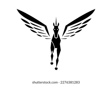 Pegasus Icon Flat Design Vector. Black Silhouette Of A Flying Pegasus