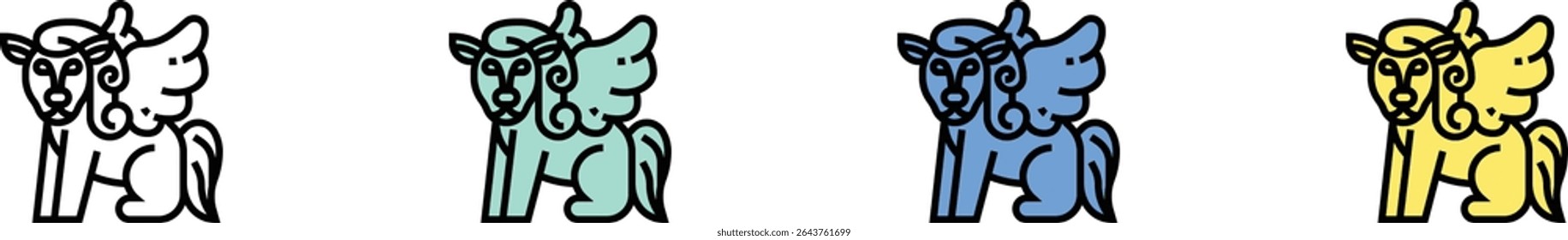 pegasus icon. Outline, Green, Blue and Yellow Style Design Isolated On White Background