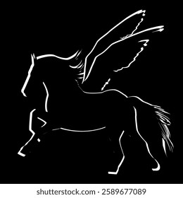 Pegasus icon. White linear logo of a winged horse isolated on black background