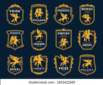 Pegasus icons. Heraldic winged horses symbols. Royal coat of arms, company emblem or college vintage badge with rearing on hind legs pegasus golden silhouette, shield frames and ornaments vector