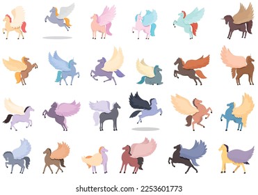 Pegasus icons set cartoon vector. Ancient greek. Crest blazon