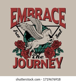 Pegasus Illustration with Roses and Endless Journey Slogan Artwork For Apparel and Other Uses