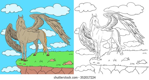 Pegasus with large wings on the edge of a cliff