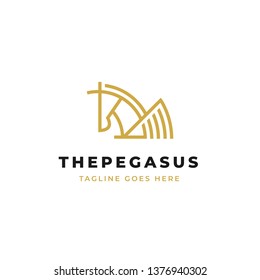 Pegasus line art logo design vector. simple horse with wings and horn outline icon.