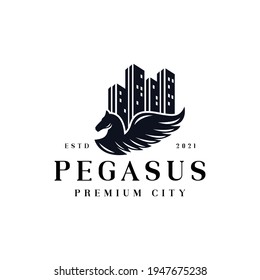 Pegasus Logo Design Inspiration - Premium and Exclusive city or real estate - Isolated vector Illustration on white background - Creative logo, icon, symbol, sticker, emblem, badge