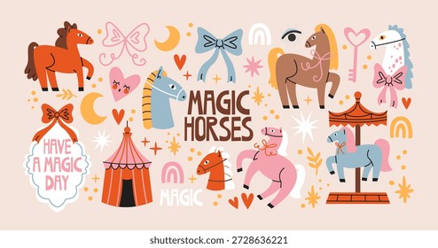Pegasus and magic horse pets in retro cartoon style. Mythical elements: winged horses, stars, clouds. Enchanted pony collection with fantasy creatures, dreamy accents and playful mystical motifs