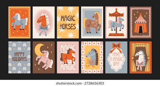 Pégaso e pôsteres de cavalo mágico em estilo de desenho animado retrô. Cartões-postais míticos: cavalos alados, estrelas, nuvens. Coleção de pôneis encantados com criaturas de fantasia, sotaques sonhadores e motivos místicos divertidos