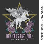 Pegasus magical print, wire star and roses illustration.Mythological winged horse, illustration silhouette in black background.Freedom Slogan.White unicorn vector graphic art.Winged unicorn is flying.