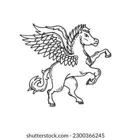 Esbozo animal heráldico medieval Pegasus del caballo vectorial alado. Heralgia real del reino antiguo, escudo de armas, insignia o elemento de cresta del caballo pegasus dibujado a mano con alas de pluma