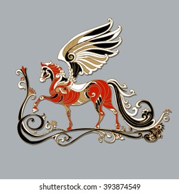 Pegasus mystical winged horse. Decorative vector animal illustration of winged horse. Ornamental Pegasus with abstract colorful background and floral pattern. Good for posters, stickers, T-shirts.