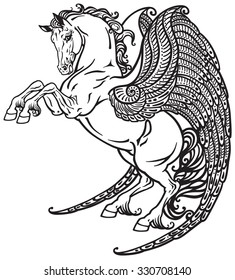 Pegasus mythical winged horse . Black and white tattoo image