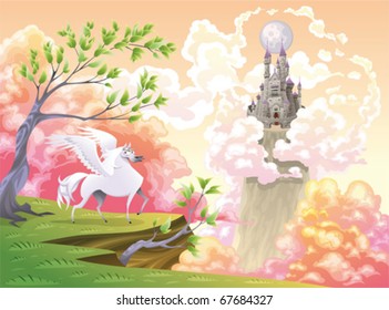 Pegasus and mythological landscape. Cartoon and vector illustration, objects isolated .