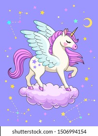 Pegasus on cloud with constellations, crescent, stars and space on background. Vector illustration