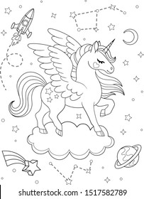 Pegasus on cloud with rocket, saturn, constellations, crescent and stars. Vector outline for coloring book