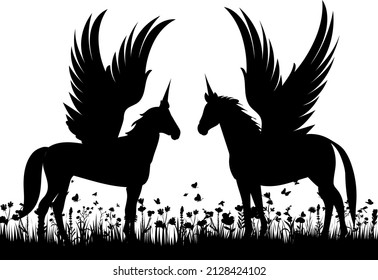 pegasus on grass silhouette on white background, isolated 