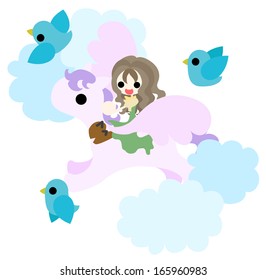 Pegasus picks up a woman and flies in the sky.