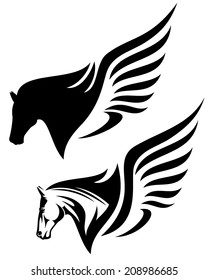 pegasus profile head design - winged horse black and white vector illustration