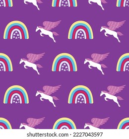 Pegasus and rainbows on purple background, vector seamless pattern