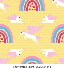 Pegasus and rainbows vector seamless pattern design on yellow polka dots background