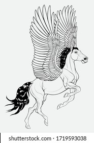 Pegasus reared and flaps its wings, preraring for flight. Prancing stallion pricked up its ears and stared ahead with dilated nostrils. Vector linear illustration, symbol of inspiration.