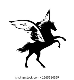 pegasus rearing up - mythical horse with spread wings black and white vector design