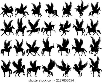 pegasus set silhouette on white background, isolated vector