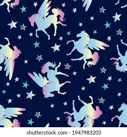 Pegasus silhouette seamless vector pattern. Holographic magic unicorn with star . pattern for girls.Creative  background for textile, prints, paper products, the Web. 