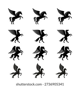 Pegasus Silhouette Vector Set, Winged Horse Icons, Mythical Fantasy Creature Illustration