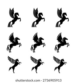 Pegasus Silhouette Vector Set, Winged Horse Icons, Mythical Fantasy Creature Illustration