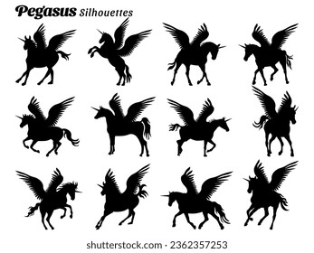 Pegasus silhouettes vector illustration set